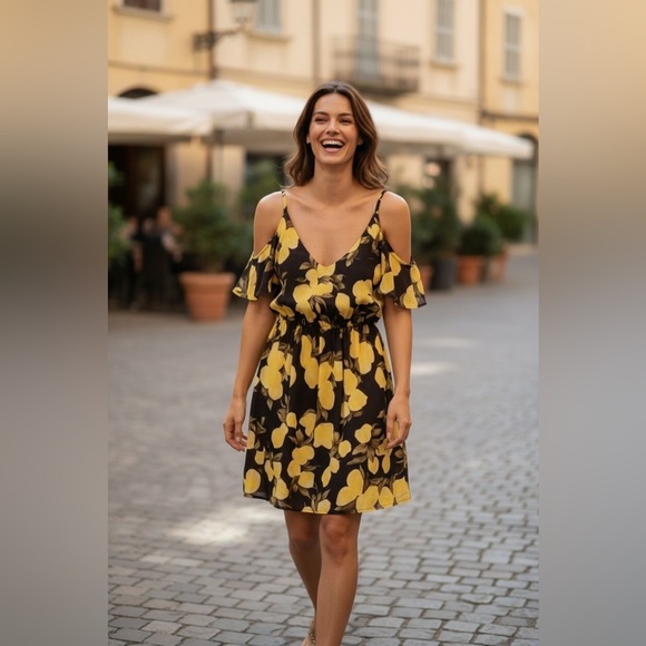 Women’s Rosette Spring Blue Dress With Yellow Lemons Flutter Sleeve Chiffon M - Picture 3 of 14